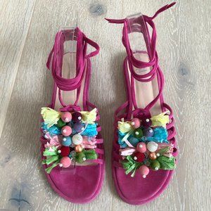 Fuschia Suede Ankle Tie Flats with Colourful Raffia trim